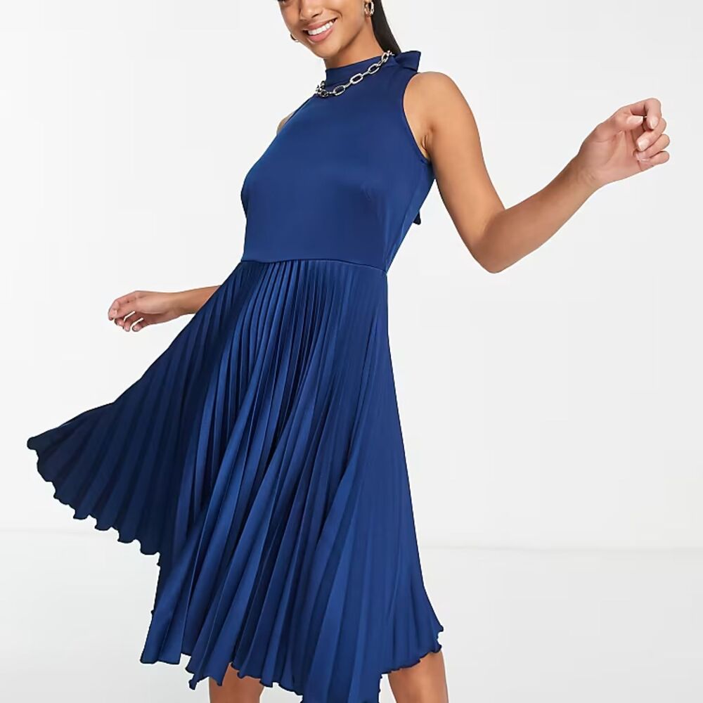 Closet London Dress ASOS high neck pleated midi navy NWT US 6 Wedding Guest Bow